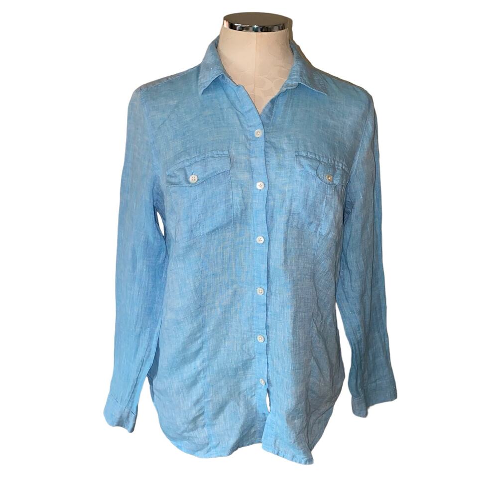 J. Jill Love Linen Lagenlook Blue Button Up Long Sleeve Shirt Size Small